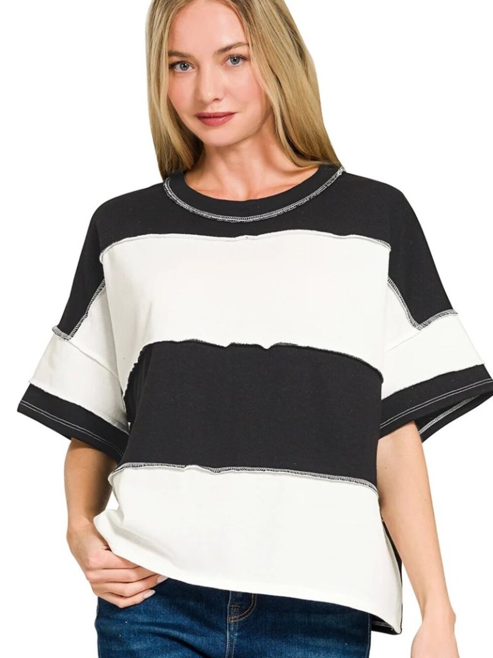 Zenana French Terry Color Block Exposed Seam Top- NWT